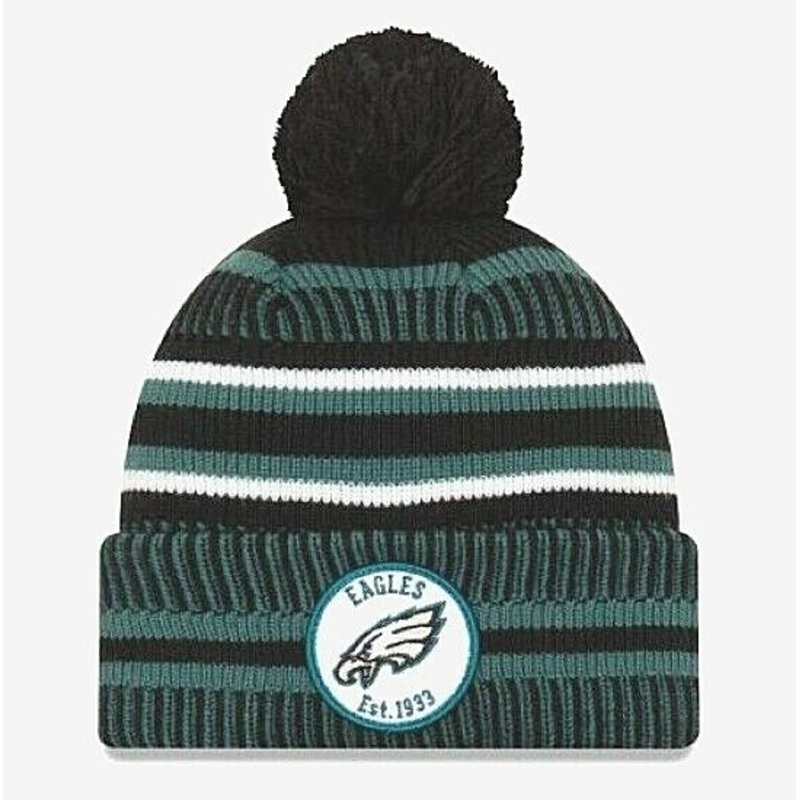 Philadelphia Eagles New Era NFL 2019 Sideline Cuffed Pom Knit Hat Dark Green/Black/White Crown/Visor Team Color Logo