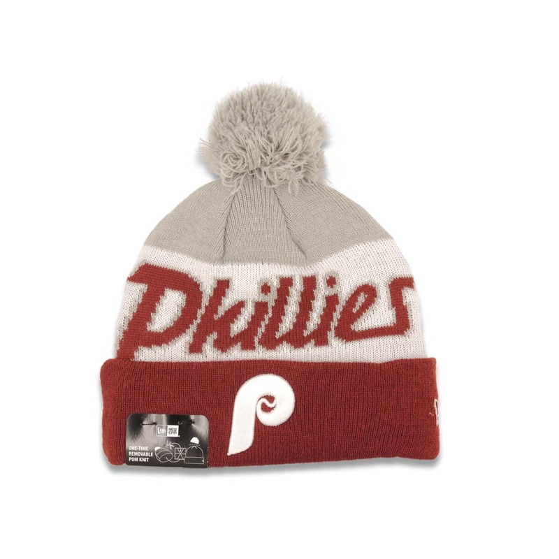 Philadelphia Phillies New Era MLB Cuffed Pom Beanie Knit Hat White/Red/Brown Crown/Visor Script A3 Team Color Logo