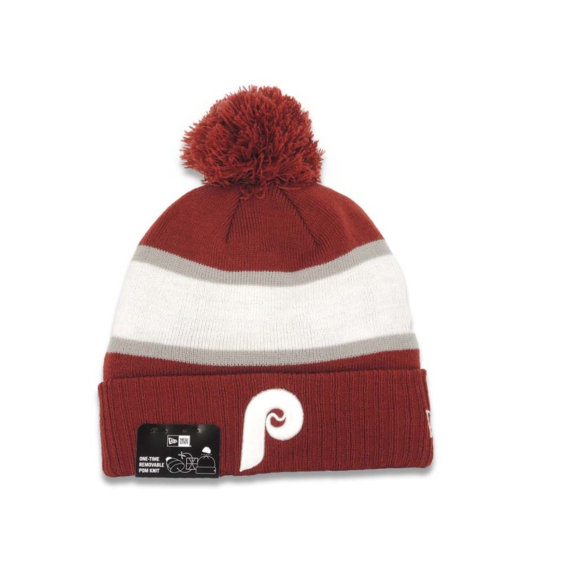 Philadelphia Phillies New Era MLB Cuffed Pom Knit Pride Hat Red/White/Gray Crown/Visor Team Color Logo