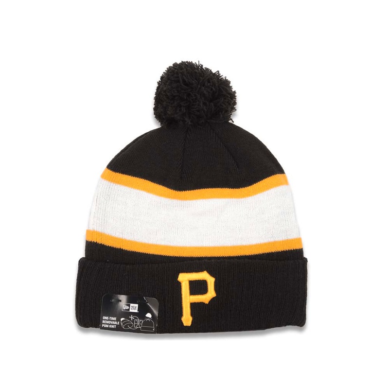 Pittsburgh Pirates New Era MLB Cuffed Pom Knit Pride Hat Black/White/Yellow Crown/Visor Team Color Logo