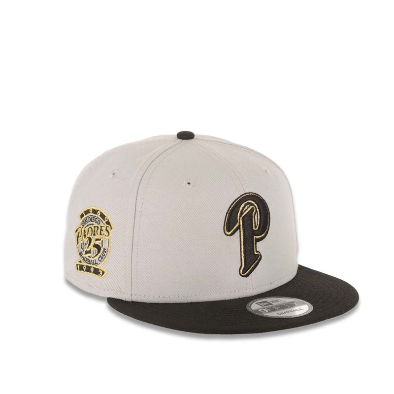San Diego Padres New Era MLB 9FIFTY 950 Snapback Cap Hat Gray Crown Black Visor Black/Metallic Gold P Logo 25th Anniversary Side Patch Gray UV