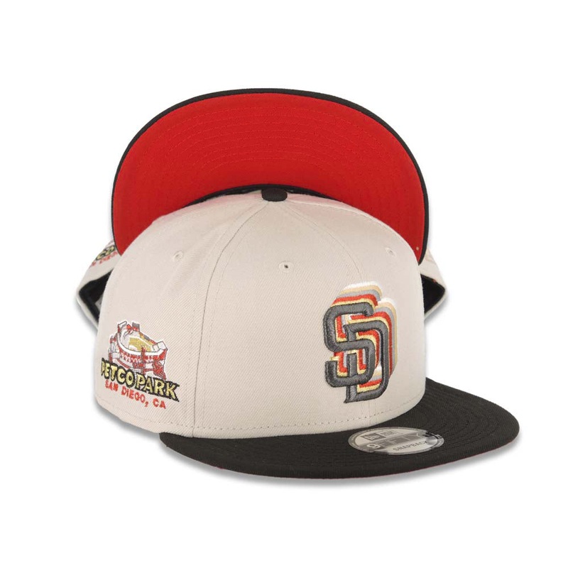 San Diego Padres New Era MLB 9FIFTY 950 Snapback Cap Hat Stone Crown Black Visor Metallic Black/Gold Stagger Logo Petco Park Side Patch Red UV