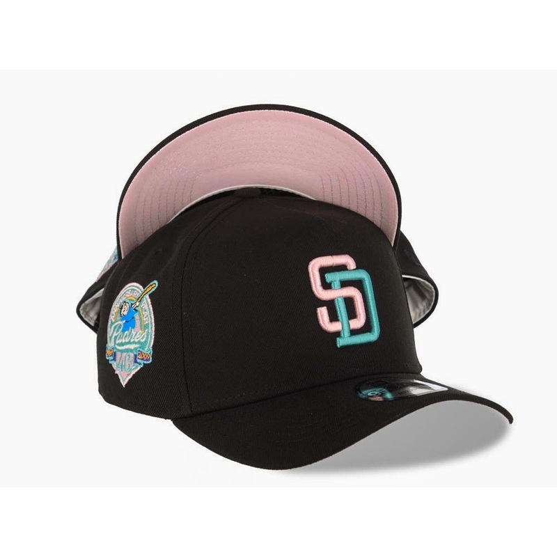 San Diego Padres New Era MLB 9FORTY 940 Adjustable A-Frame Cap Hat Black Crown/Visor Pink/Aqua Logo 40th Anniversary Side Patch Pink UV