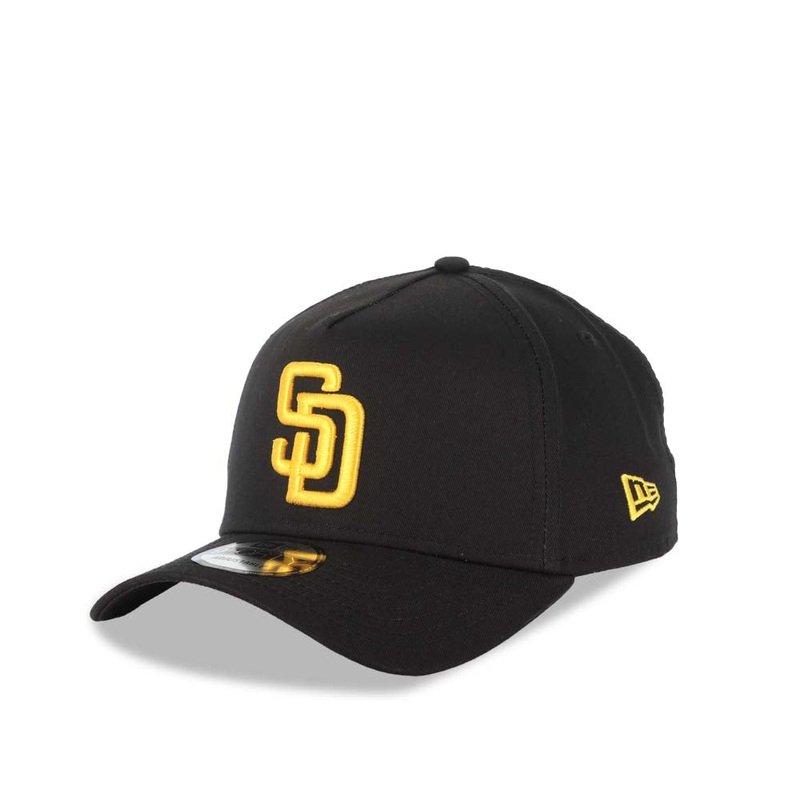 San Diego Padres New Era MLB 9FORTY 940 Adjustable A-Frame Cap Hat Closure Black Crown/Visor Yellow Logo Black UV