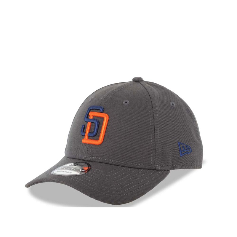 San Diego Padres New Era MLB 9FORTY 940 Adjustable Cap Hat Dark Gray Crown/Visor Light Navy Blue/Orange Logo Dark Gray UV