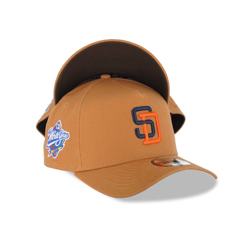 San Diego Padres New Era MLB 9FORTY 940 Adjustable Cap Hat Light Brown Crown/Visor Navy Blue/Orange Logo 1998 World Series Side Patch Brown UV