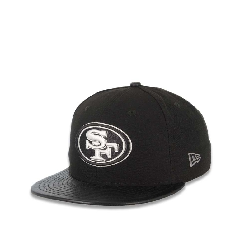 San Francisco 49ers New Era NFL 59FIFTY 5950 Fitted Cap Hat Black Crown Black Leather Visor Black/White Logo