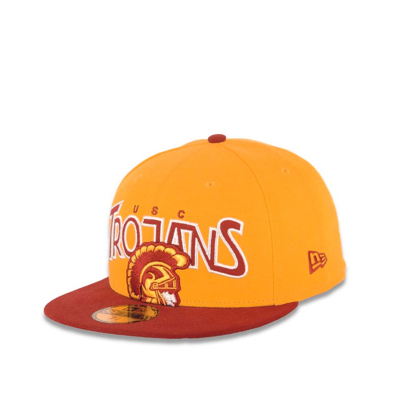 USC Trojans New Era NCAA 59FIFTY 5950 Fitted Cap Hat Yellow Crown Cardinal Visor Team Color Logo