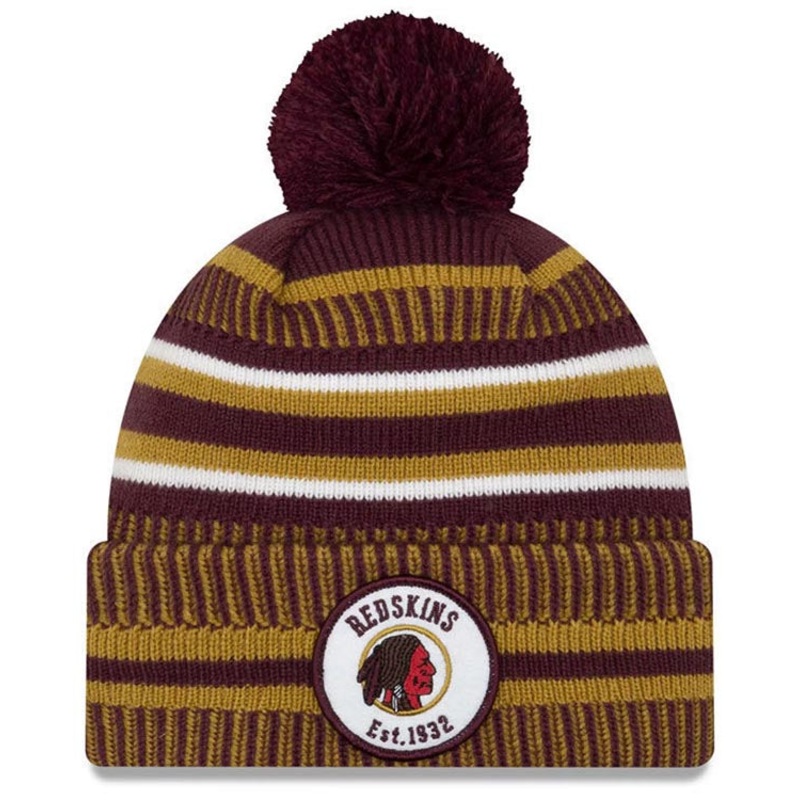 Washington Redskins New Era NFL 2019 Sideline Cuffed Pom Knit Hat Maroon/Yellow Crown/Visor Team Color Logo
