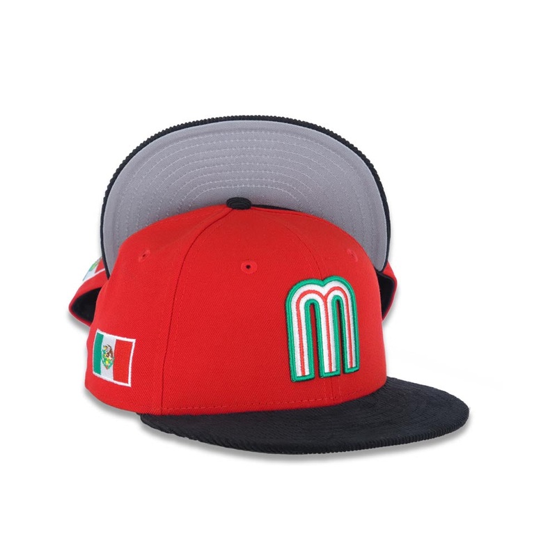 (Youth) Mexico New Era 59FIFTY 5950 Fitted Kid Cap Hat Red Crown Black Corduroy Visor Team Color Logo Mexico Flag Side Patch Gray UV