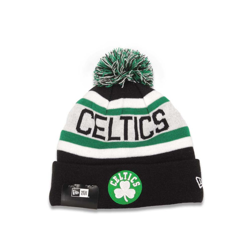 Boston Celtics New Era NBA Cuffed Pom Knit Hat Black/White/Green Crown/Visor Team Color Logo
