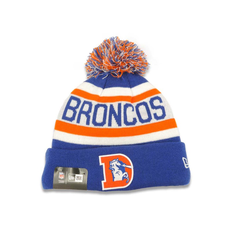 Denver Broncos New Era NFL Cuffed Pom Knit Beanie Hat Sky Blue/White/Yellow Crown/Visor Team Color Logo
