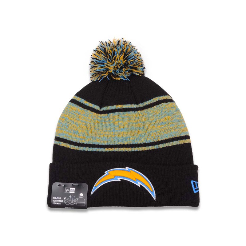 Los Angeles Chargers New Era NFL Chilled Cuffed Pom Knit Hat Beanie Hat Black/Sky Blue/Yellow Crown/Visor Team Color Logo