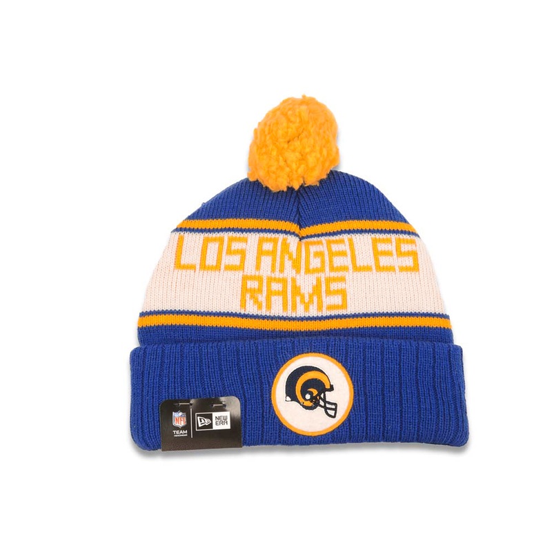 Los Angeles Rams New Era NFL Cuffed Makers A3 Pom Knit Hat Royal Blue/White/Yellow Crown/Visor Team Color Logo
