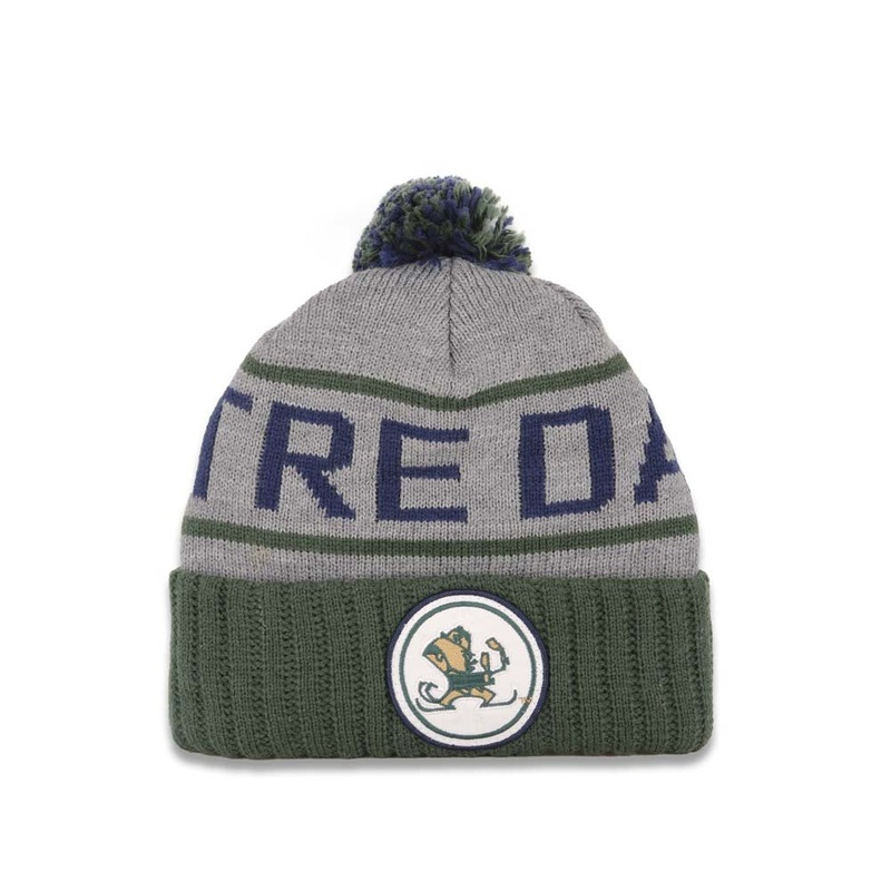Notre Dame Fighting Irish Mitchell & Ness Pom Knit Beanie Gray/Green Crown/Visor Team Color Logo