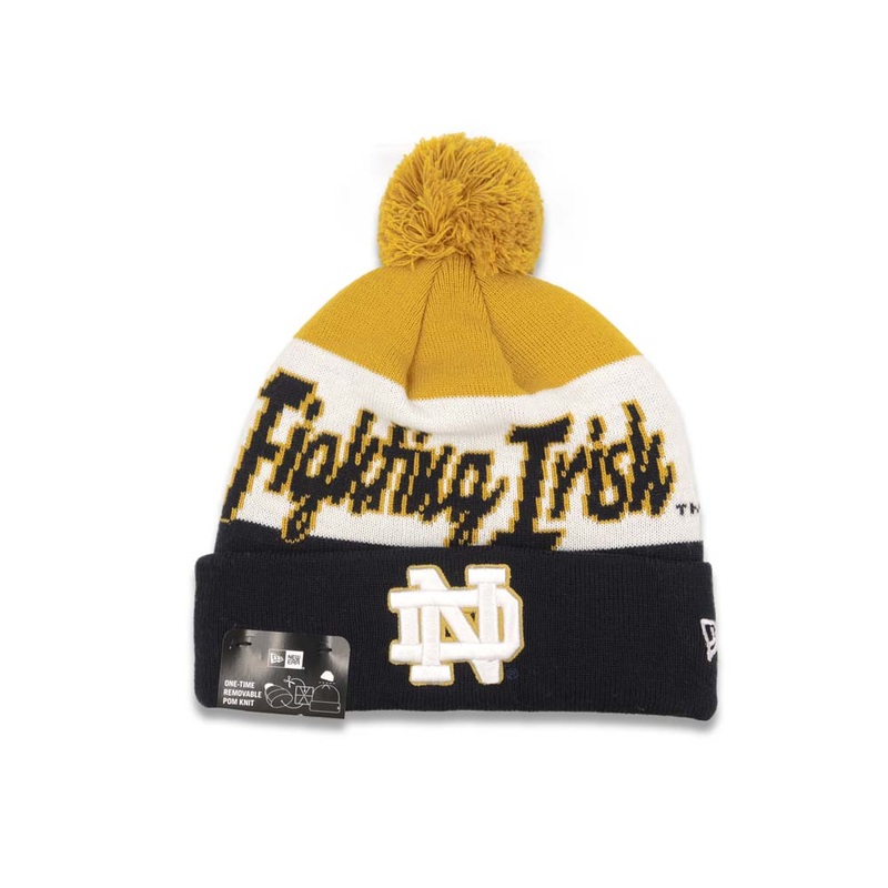 Notre Dame Fighting Irish New Era NCAA Script A3 Cuffed Pom Knit Beanie Hat Yellow/White/Black Crown/Visor Team Color Logo