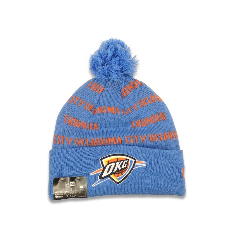 Oklahoma City Thunder New Era NBA Script A3 Cuffed Pom Knit Hat Sky Blue/Red Crown/Visor Team Color Logo