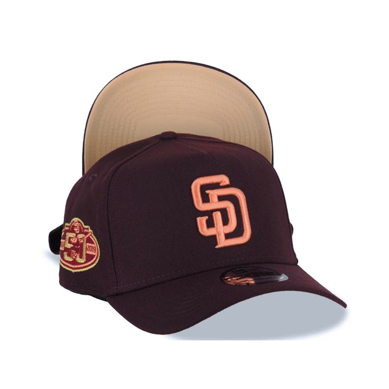 San Diego Padres New Era MLB 9FORTY 940 Adjustable A-Frame Cap Hat Maroon Crown/Visor Orange Logo 50th Anniversary Side Patch Peach UV