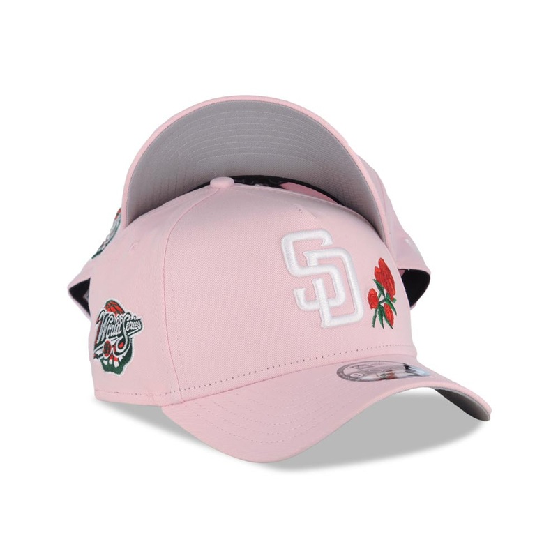San Diego Padres New Era MLB 9FORTY 940 Adjustable A-Frame Cap Hat Pink Crown/Visor White Logo Red Roses 1998 World Series Side Patch Gray UV