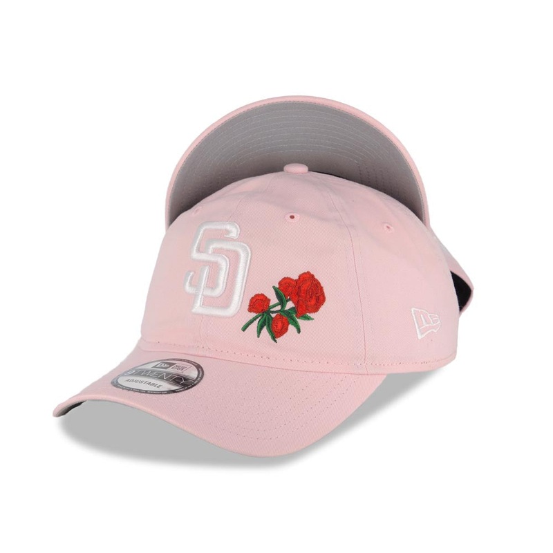 San Diego Padres New Era MLB 9TWENTY 920 Adjustable Cap Hat Pink Crown/Visor White Logo Red Roses Gray UV