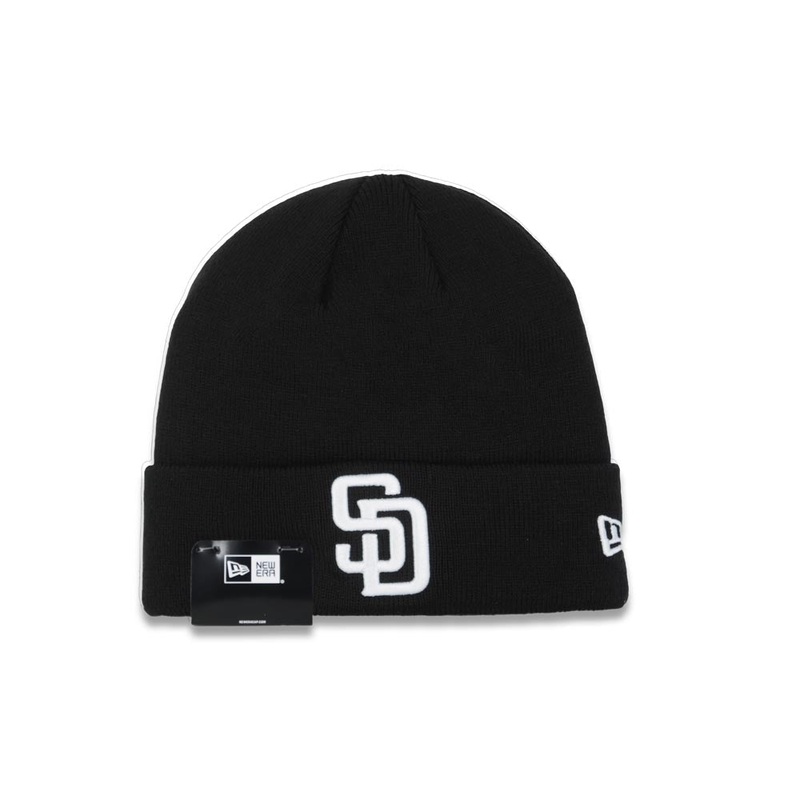 San Diego Padres New Era MLB Basic Cuffed Knit Beanie Hat Black Crown/Cuff White Logo (Solid Color Knit)
