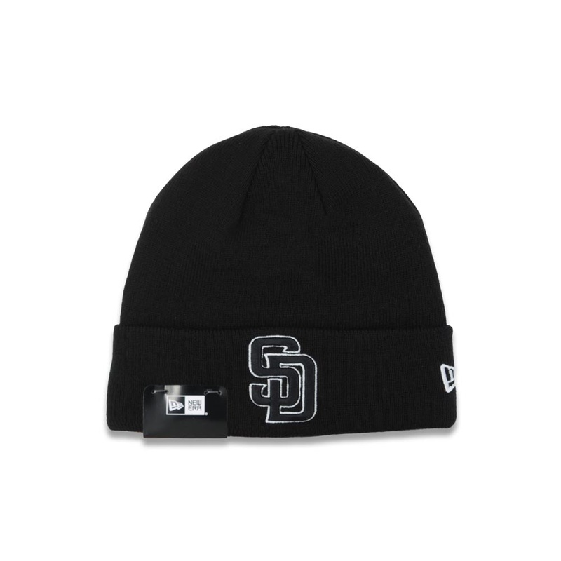 San Diego Padres New Era MLB Cuffed Basic Knit Hat Black Crown/Cuff Black/White Logo (Solid Color Knit)