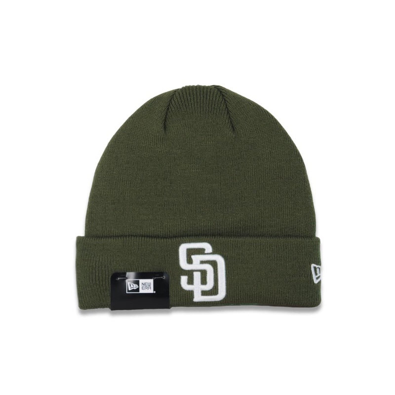San Diego Padres New Era MLB Cuffed Knit Beanie Hat Olive Green Crown/Cuff White Logo (Solid Color Knit)