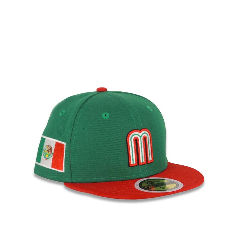 (Youth) Mexico New Era WBC World Baseball Classic 59FIFTY 5950 Fitted Kid Cap Hat Green Crown Red Visor Green/White/Red Logo Mexico Flag Side Patch