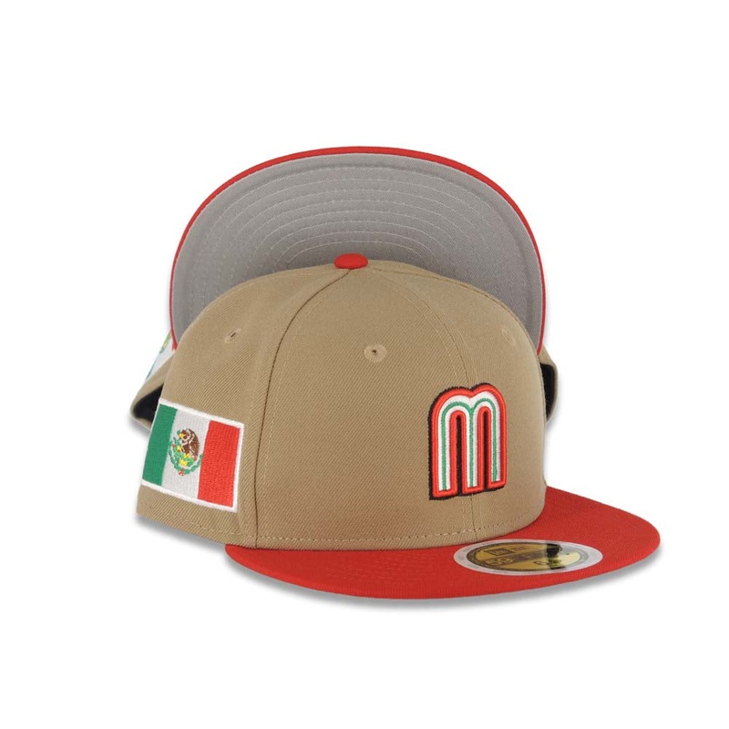 (Youth) Mexico New Era WBC World Baseball Classic 59FIFTY 5950 Kid Fitted Cap Hat Khaki Crown Red Visor Team Color M Logo Mexico Flag Side Patch Gray UV