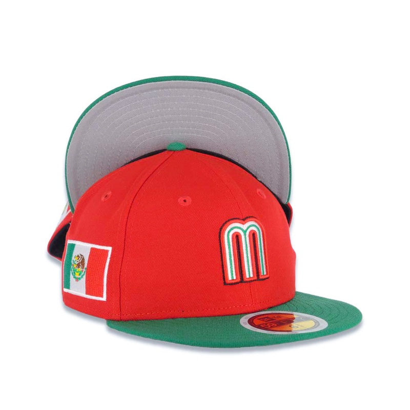(Youth) Mexico New Era WBC World Baseball Classic 59FIFTY 5950 Kid Fitted Cap Hat Red Crown Green Visor Team Color M Logo Mexico Flag Side Patch Gray UV