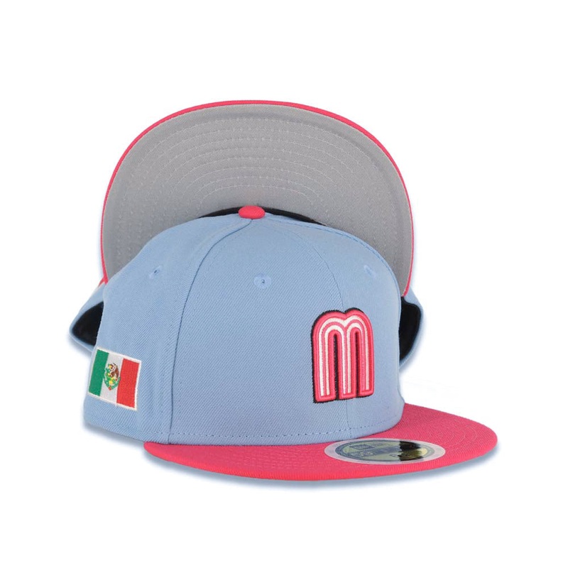 (Youth) Mexico New Era WBC World Baseball Classic 59FIFTY 5950 Kid Fitted Cap Hat Sky Blue Crown Magenta Visor White/Magenta M Logo Mexico Flag Side Patch