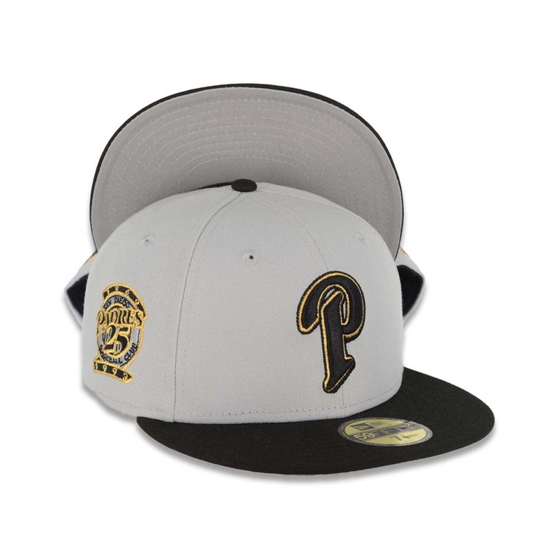(Youth) San Diego Padres New Era MLB 59FIFTY 5950 Kid Fitted Cap Hat Gray Crown Black Visor Black/Metallic Gold Logo 25th Anniversary Side Patch