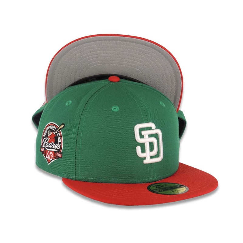 (Youth) San Diego Padres New Era MLB 59FIFTY 5950 Kid Fitted Cap Hat Green Crown Red Visor White Logo 40th Anniversary Side Patch Gray UV
