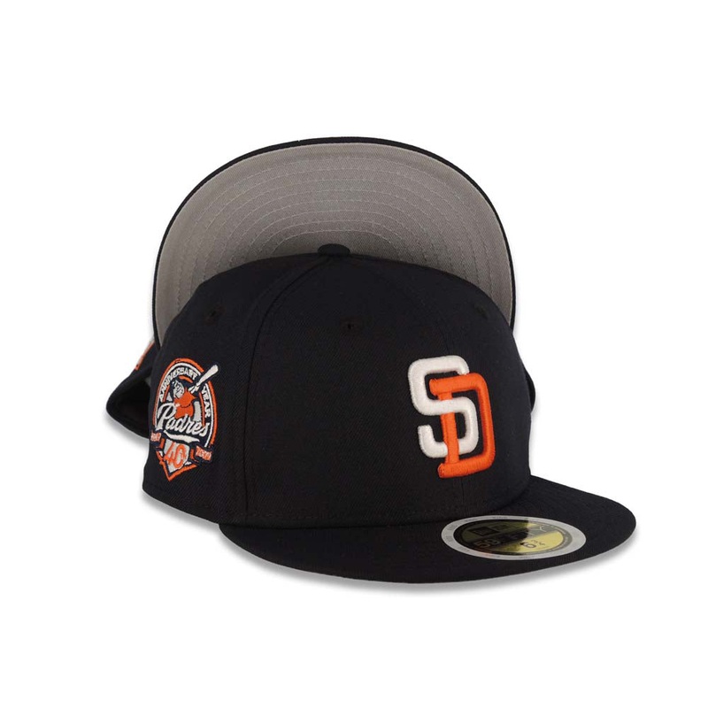 (Youth) San Diego Padres New Era MLB 59FIFTY 5950 Kid Fitted Cap Hat Navy Blue Crown/Visor White/Orange Logo 40th Anniversary Side Patch Gray UV