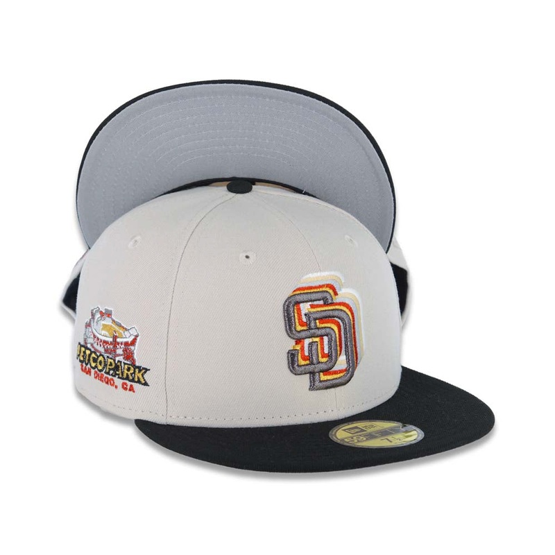 (Youth) San Diego Padres New Era MLB 59FIFTY 5950 Kid Fitted Cap Hat Stone Crown Black Visor Metallic Black/Gold Staggered Logo Petco Park Side Patch
