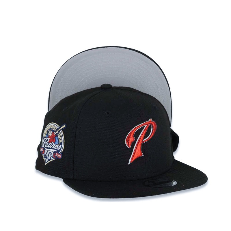 (Youth) San Diego Padres New Era MLB 9FIFTY 950 Kid Snapback Cap Hat Black Crown/Visor Metallic Red/White Logo 40th Anniversary Side Patch Gray UV