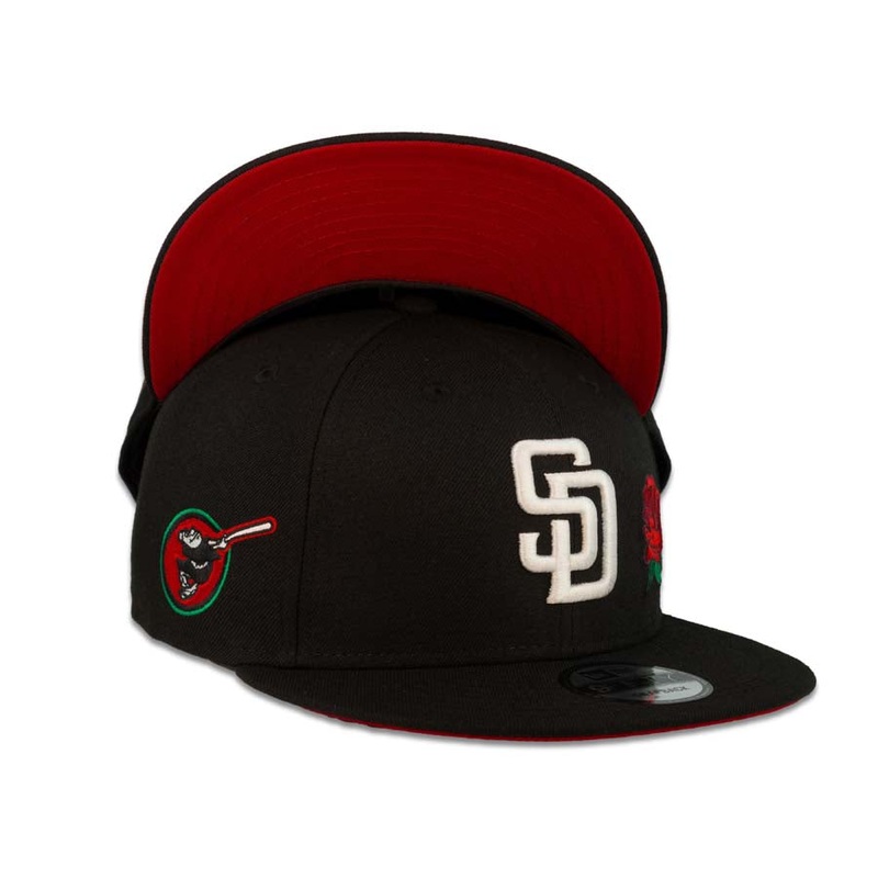 (Youth) San Diego Padres New Era MLB 9FIFTY 950 Kid Snapback Cap Hat Black Crown/Visor White Logo with Rose Swinging Friar Side Patch Red UV