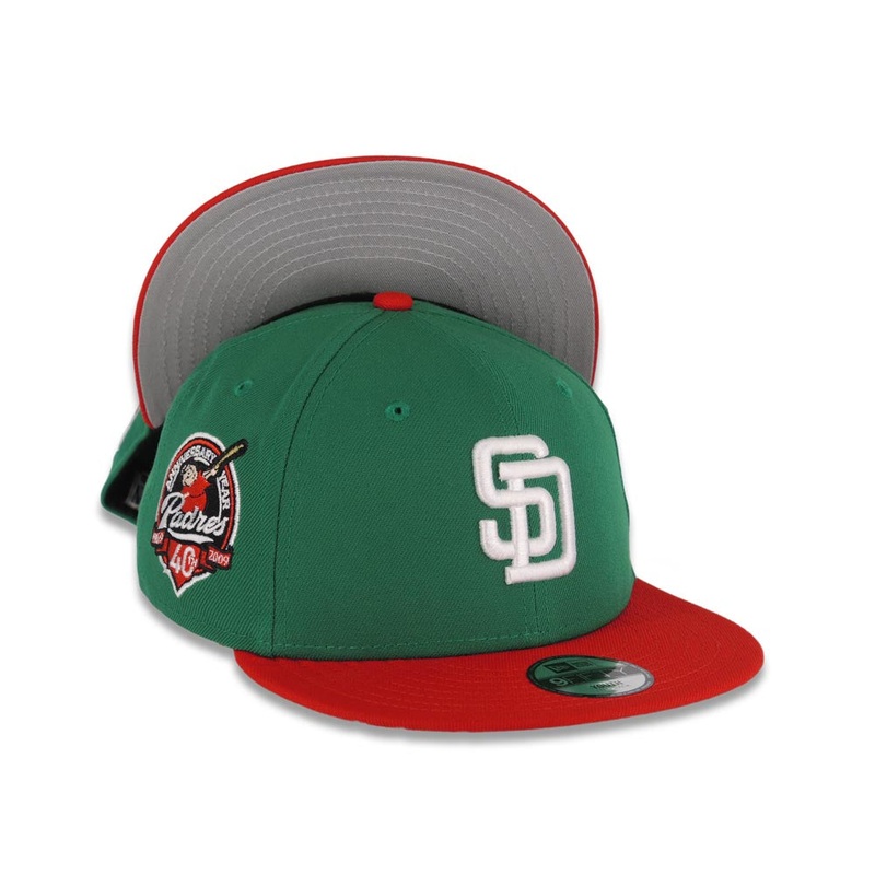 (Youth) San Diego Padres New Era MLB 9FIFTY 950 Kid Snapback Cap Hat Green Crown Red Visor White Logo 40th Anniversary Side Patch Gray UV