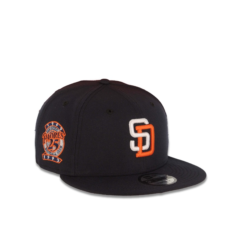 (Youth) San Diego Padres New Era MLB 9FIFTY 950 Kid Snapback Cap Hat Navy Blue Crown/Visor White/Orange Logo 25th Anniversary Side Patch