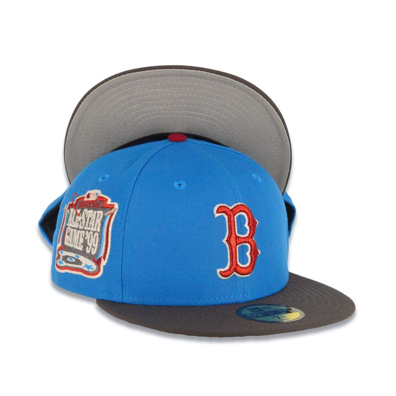 Boston Red Sox New Era MLB 59FIFTY 5950 Fitted Cap Hat Cardinal Blue Crown Dark Gray Visor Metallic Red/Cream Logo 1999 All-Star Game Side Patch Gray UV