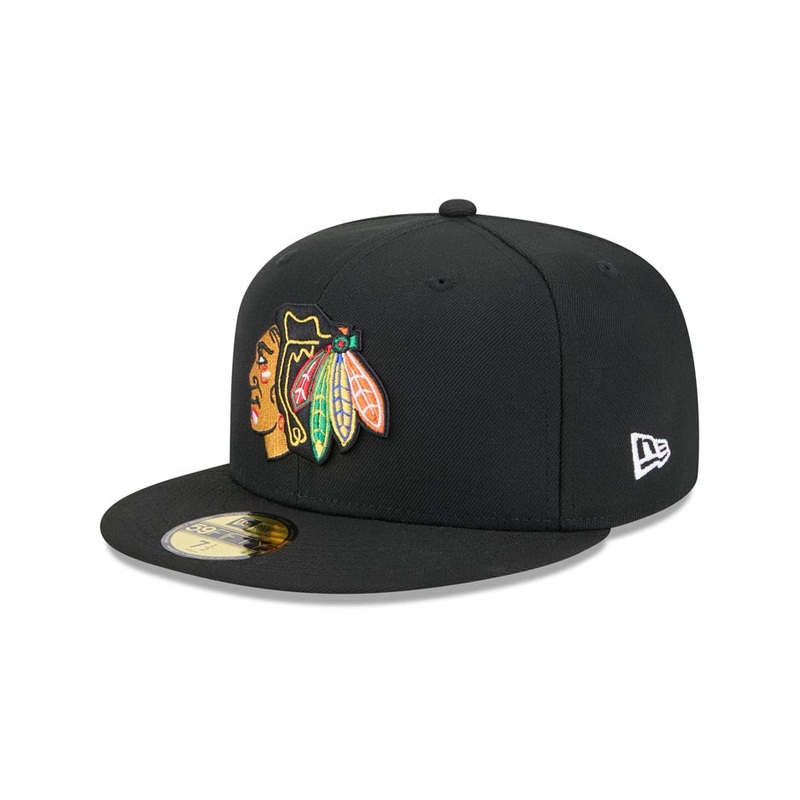 Chicago Blackhawks New Era NHL 59FIFTY 5950 Fitted Cap Hat Black Crown/Visor Team Color Logo
