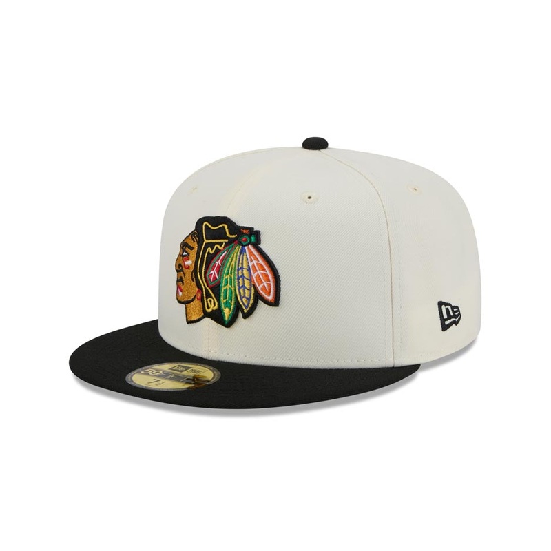 Chicago Blackhawks New Era NHL 59FIFTY 5950 Fitted Cap Hat Cream Crown Black Visor Team Color Logo