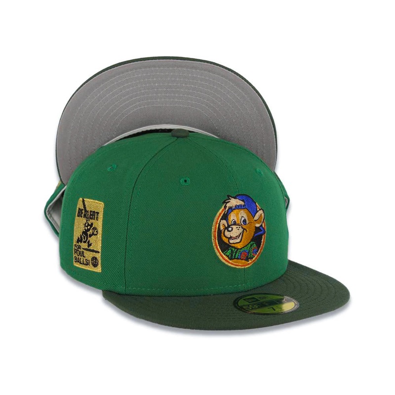 Chicago Cubs New Era MLB 59FIFTY 5950 Fitted Cap Hat Green Crown Green Visor Metallic Brown/Blue/Green Logo Be Alert For Foul Balls Side Patch