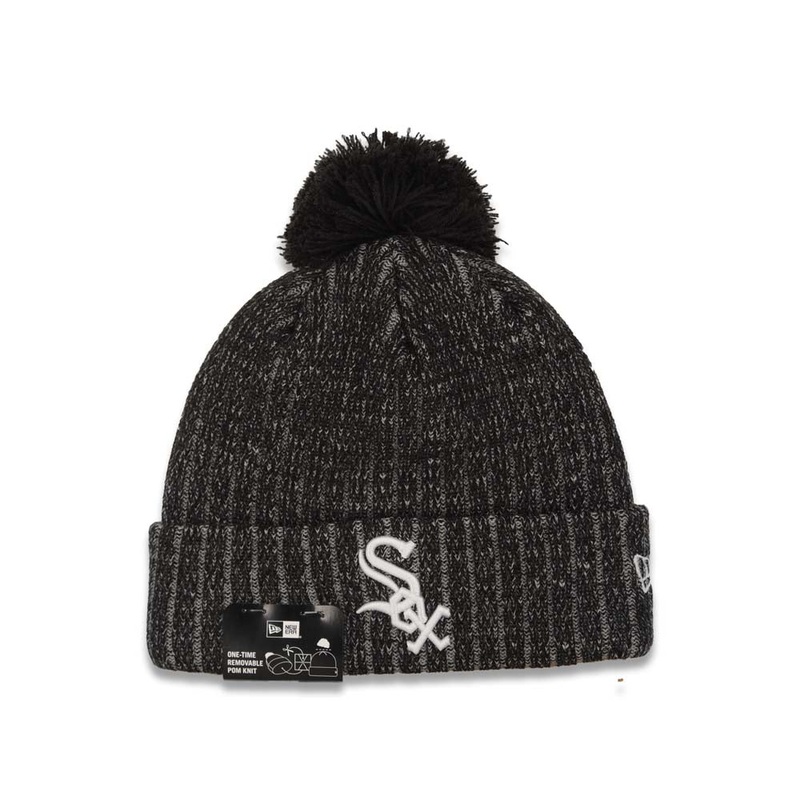 Chicago White Sox New Era MLB Cuffed Pom Twist A3 Knit Beanie Hat Black/White Crown/Visor White Logo
