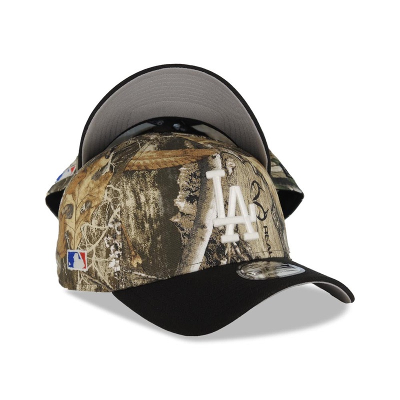 (Glow In The Dark) Los Angeles Dodgers New Era MLB 9FORTY 940 Adjustable A-Frame Cap Hat Real Tree Edge Camo Crown Black Visor White Logo Side Batty