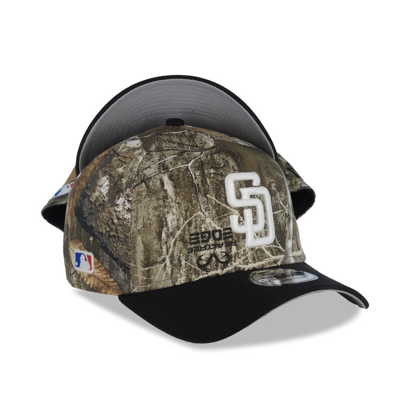 (Glow In The Dark) San Diego Padres New Era MLB 9FORTY 940 Adjustable A-Frame Cap Hat Real Tree Edge Camo Crown Black Visor Glow White Logo Side Batty