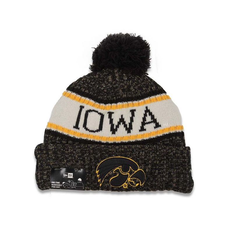 Iowa Hawkeyes New Era NCAA Cuffed Pom 2018 Sideline Knit Beanie Hat Black/White/Yellow Crown/Visor Team Color Logo