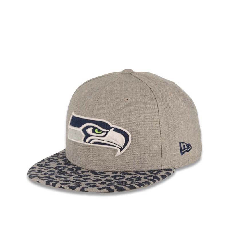 (Leopardvize) Seattle Seahawks New Era NFL 59FIFTY 5950 Fitted Cap Hat Heather Gray Crown Navy Blue/Gray Leopard Visor Team Color Logo