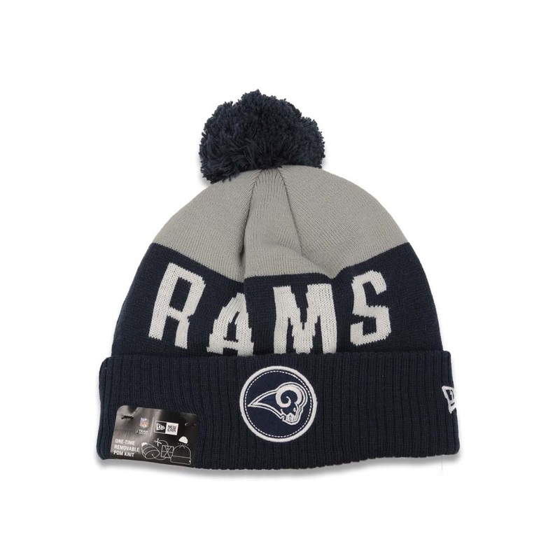 Los Angeles Rams New Era NFL Cuffed Pom Patch A4 Knit Beanie Hat Cardinal Navy Blue/Gray Crown/Visor Team Color Logo