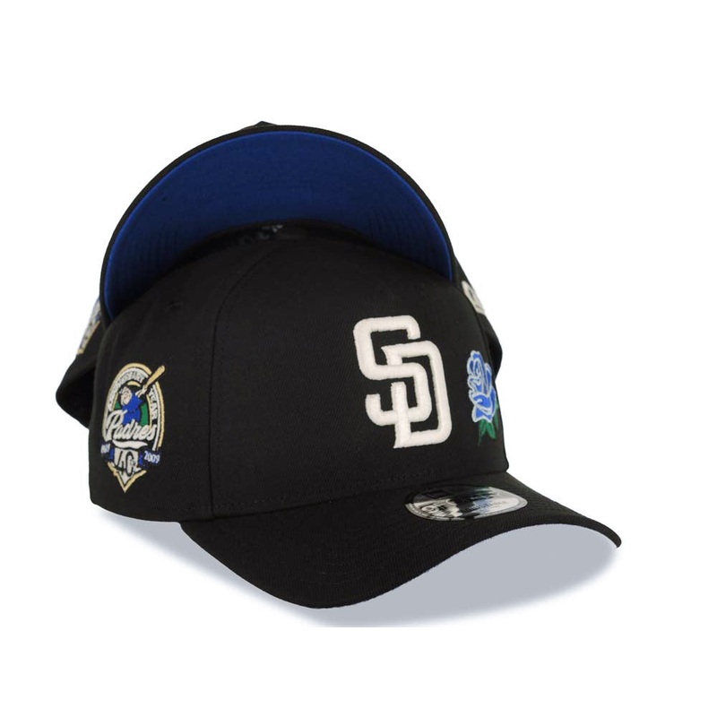 San Diego Padres New Era MLB 9FORTY 940 Adjustable A-Frame Cap Hat Black Crown/Visor White Logo With Rose 40th Anniversary Side Patch Royal Blue UV